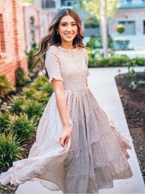 orange creek Cream Micro-Print Smocked Bodice Tiered Midi Dress